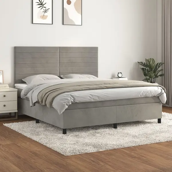 Gossi pat box spring cu saltea, gri deschis, 180x200 cm, catifea