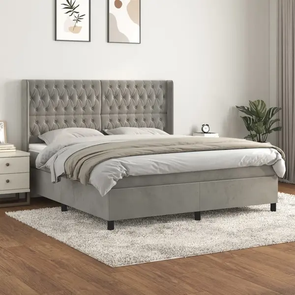 Gossi pat box spring cu saltea, gri deschis, 180x200 cm, catifea