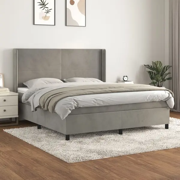 Gossi pat box spring cu saltea, gri deschis, 180x200 cm, catifea