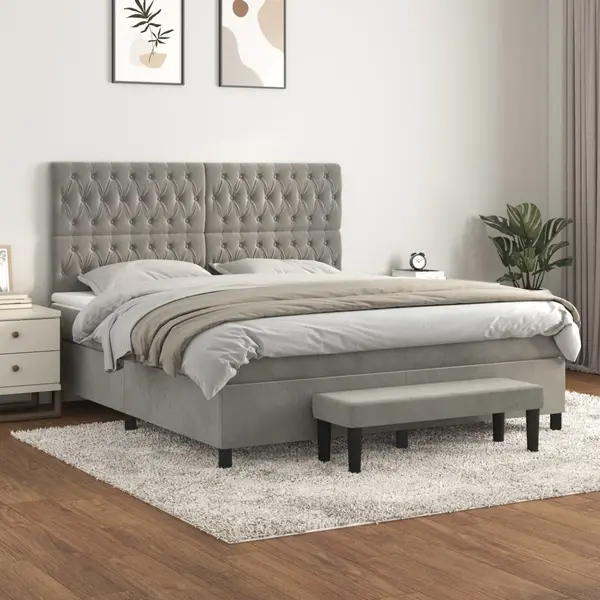 Gossi pat box spring cu saltea, gri deschis, 180x200 cm, catifea