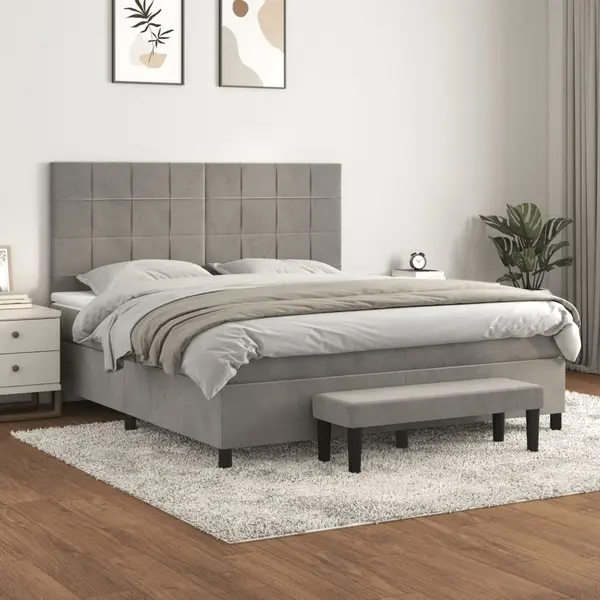 Gossi pat box spring cu saltea, gri deschis, 180x200 cm, catifea