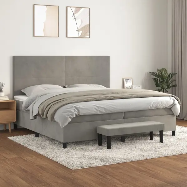 Gossi pat box spring cu saltea, gri deschis, 200x200 cm, catifea