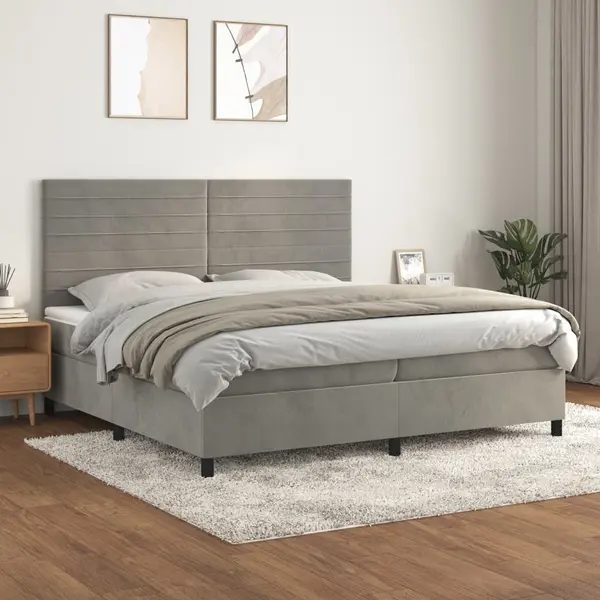 Gossi pat box spring cu saltea, gri deschis, 200x200 cm, catifea
