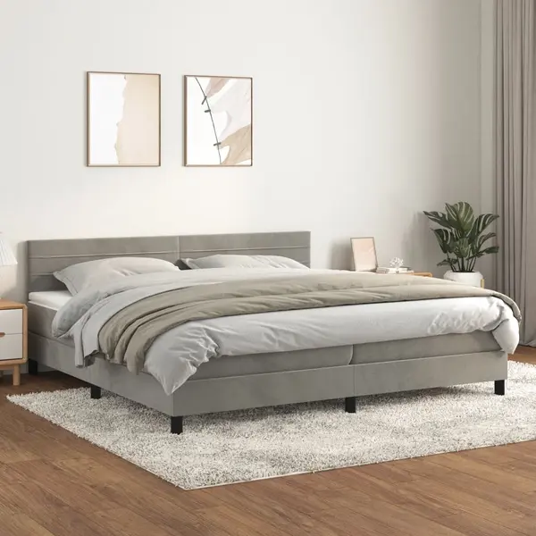 Gossi pat box spring cu saltea, gri deschis, 200x200 cm, catifea