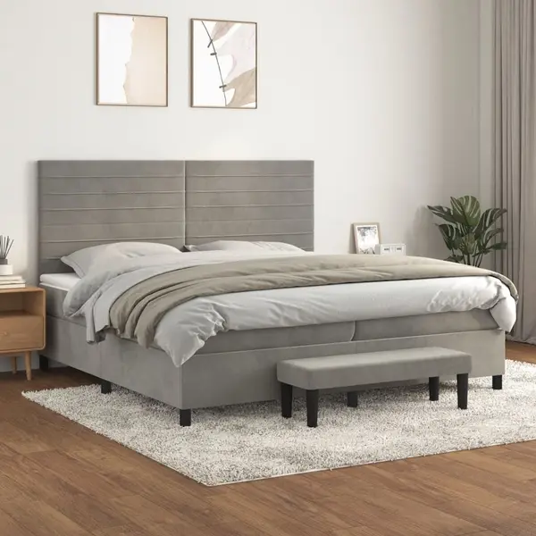 Gossi pat box spring cu saltea, gri deschis, 200x200 cm, catifea