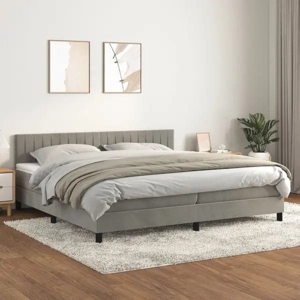 Gossi pat box spring cu saltea, gri deschis, 200x200 cm, catifea