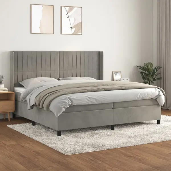 Gossi pat box spring cu saltea, gri deschis, 200x200 cm, catifea