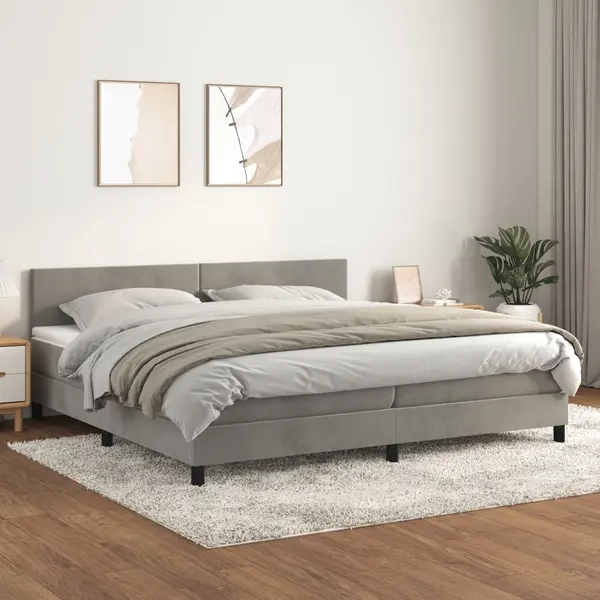 Gossi pat box spring cu saltea, gri deschis, 200x200 cm, catifea