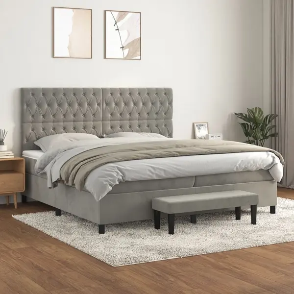 Gossi pat box spring cu saltea, gri deschis, 200x200 cm, catifea