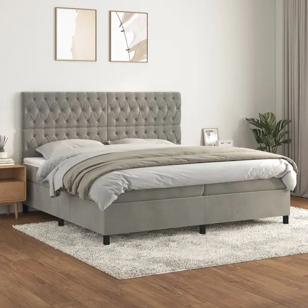 Gossi pat box spring cu saltea, gri deschis, 200x200 cm, catifea