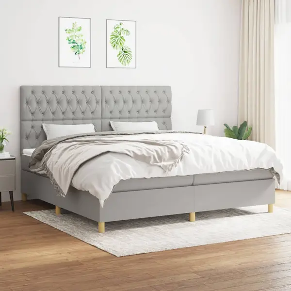 Gossi pat box spring cu saltea, gri deschis, 200x200 cm, textil