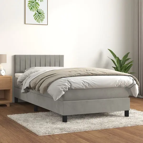 Gossi pat box spring cu saltea, gri deschis, 80x200 cm, catifea