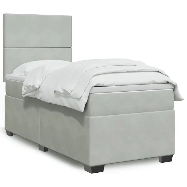 Gossi pat box spring cu saltea, gri deschis, 90x190 cm, catifea