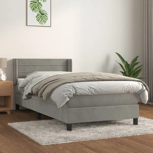 Gossi pat box spring cu saltea, gri deschis, 90x190 cm, catifea