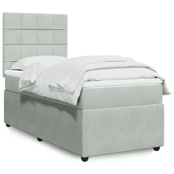 Gossi pat box spring cu saltea, gri deschis, 90x190 cm, catifea