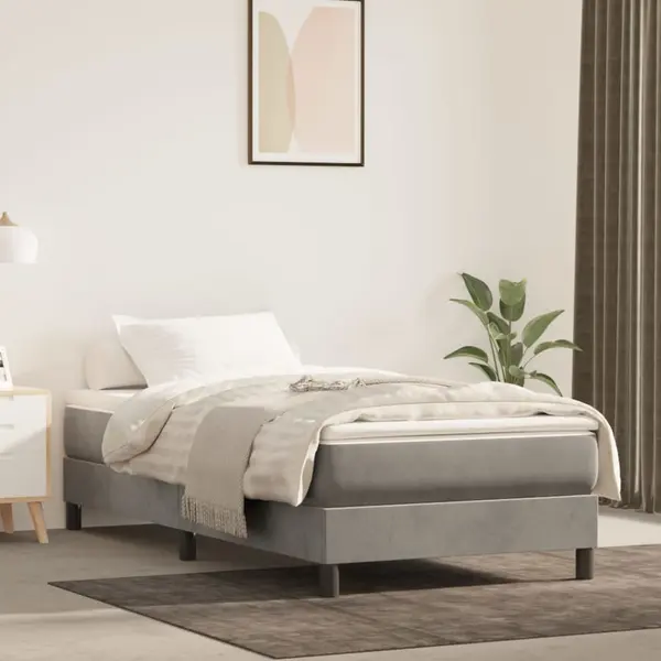 Gossi pat box spring cu saltea, gri deschis, 90x190 cm, catifea