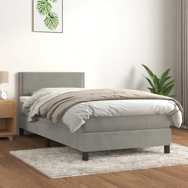 Gossi pat box spring cu saltea, gri deschis, 90x190 cm, catifea
