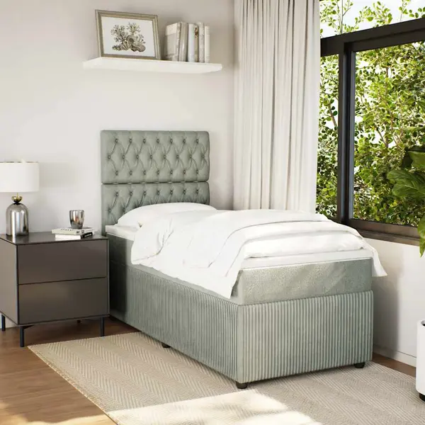 Gossi pat box spring cu saltea, gri deschis, 90x190 cm, catifea
