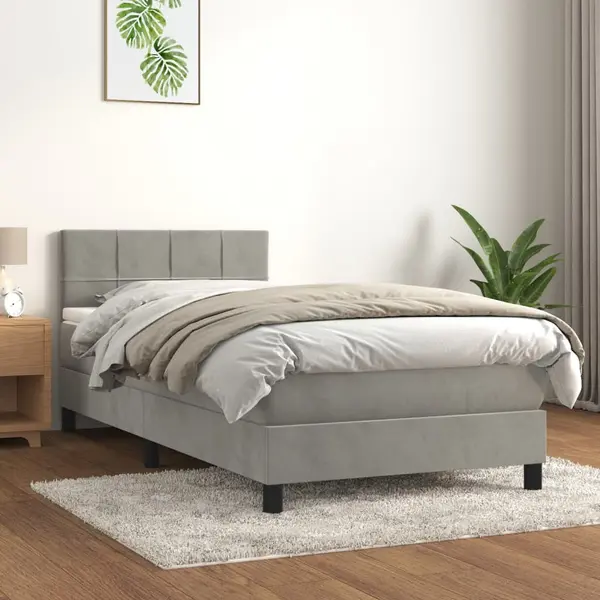 Gossi pat box spring cu saltea, gri deschis, 90x190 cm, catifea