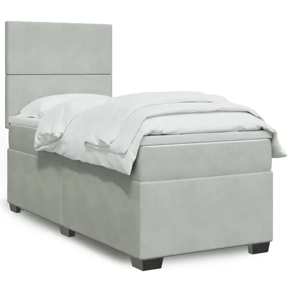 Gossi pat box spring cu saltea, gri deschis, 90x190 cm, catifea