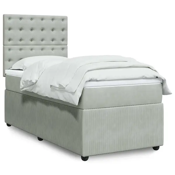 Gossi pat box spring cu saltea, gri deschis, 90x190 cm, catifea