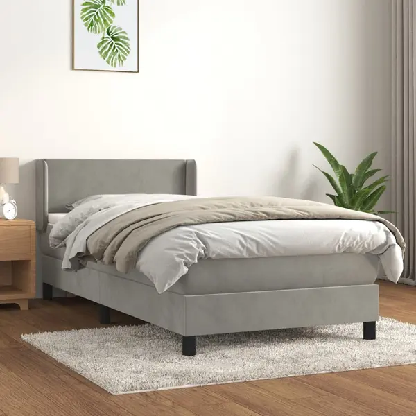Gossi pat box spring cu saltea, gri deschis, 90x190 cm, catifea