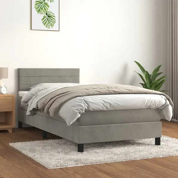 Gossi pat box spring cu saltea, gri deschis, 90x190 cm, catifea