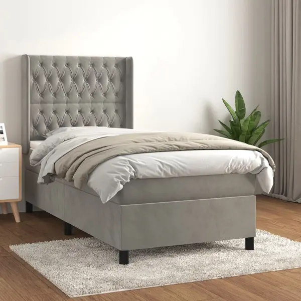 Gossi pat box spring cu saltea, gri deschis, 90x190 cm, catifea
