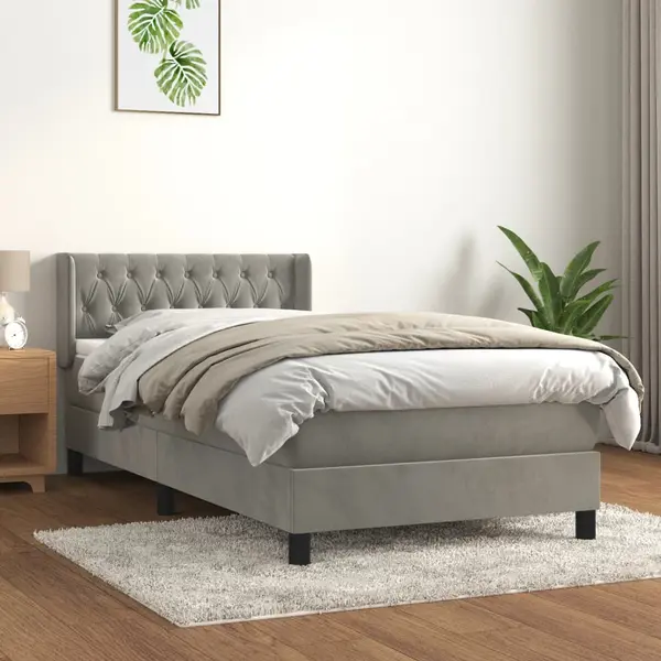 Gossi pat box spring cu saltea, gri deschis, 90x200 cm, catifea