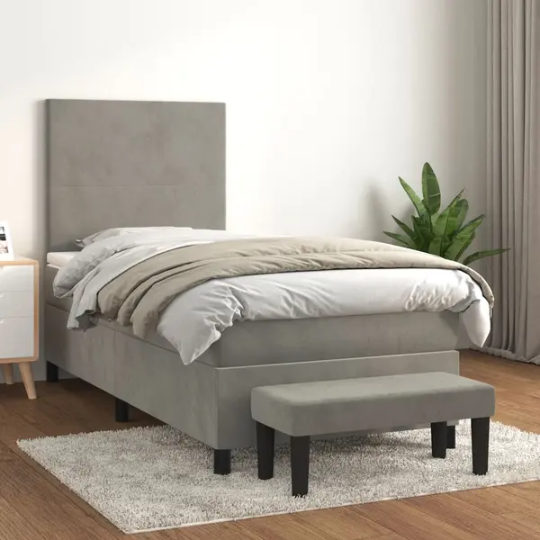 Gossi pat box spring cu saltea, gri deschis, 90x200 cm, catifea