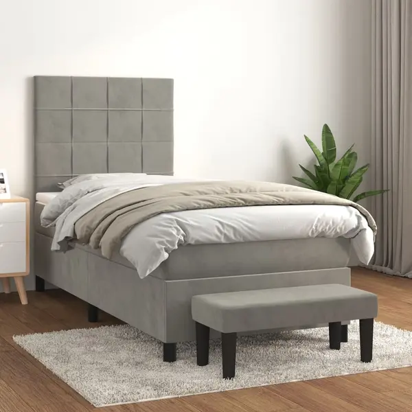 Gossi pat box spring cu saltea, gri deschis, 90x200 cm, catifea