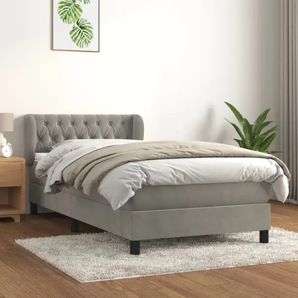 Gossi pat box spring cu saltea, gri deschis, 90x200 cm, catifea