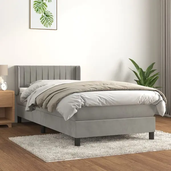 Gossi pat box spring cu saltea, gri deschis, 90x200 cm, catifea