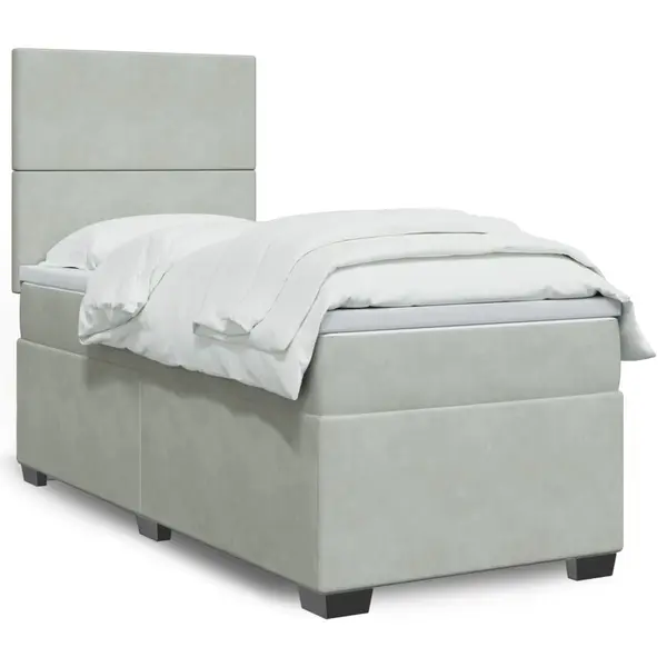 Gossi pat box spring cu saltea, gri deschis, 90x200 cm, catifea