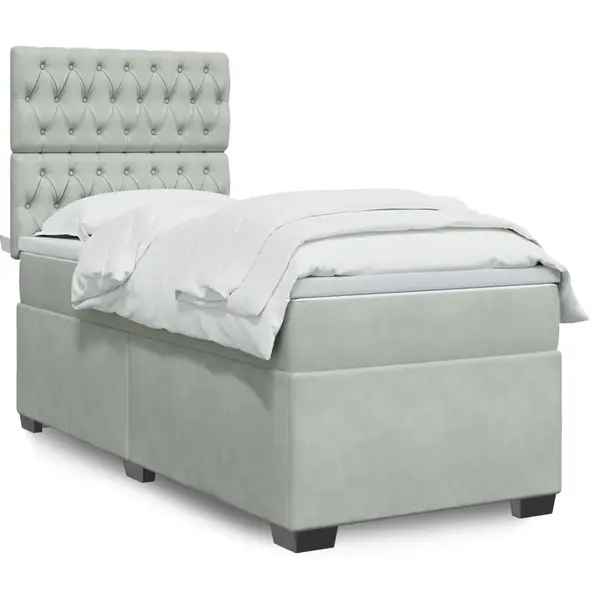 Gossi pat box spring cu saltea, gri deschis, 90x200 cm, catifea