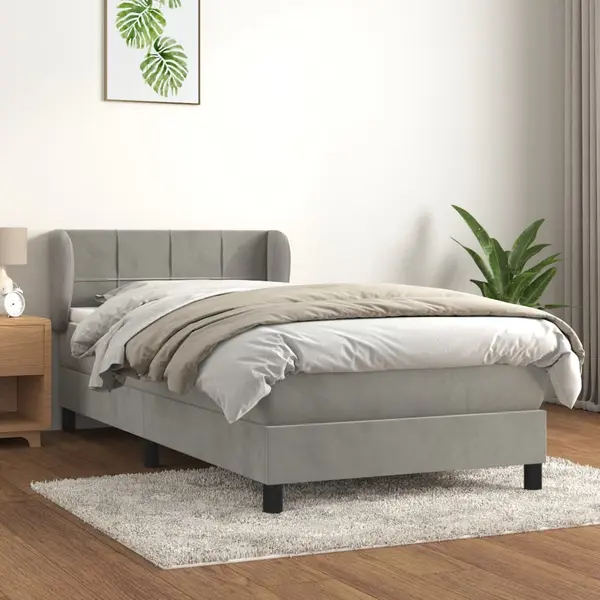 Gossi pat box spring cu saltea, gri deschis, 90x200 cm, catifea