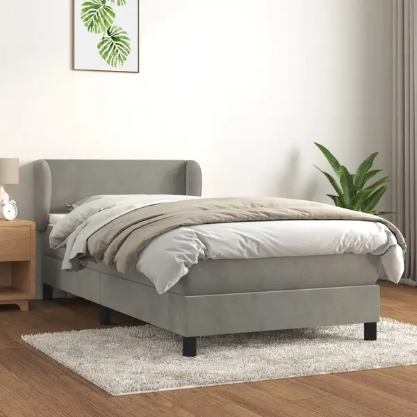 Gossi pat box spring cu saltea, gri deschis, 90x200 cm, catifea