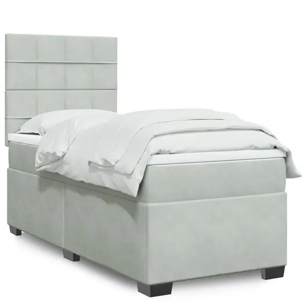 Gossi pat box spring cu saltea, gri deschis, 90x200 cm, catifea
