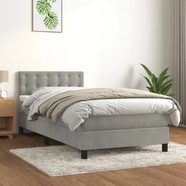 Gossi pat box spring cu saltea, gri deschis, 90x200 cm, catifea