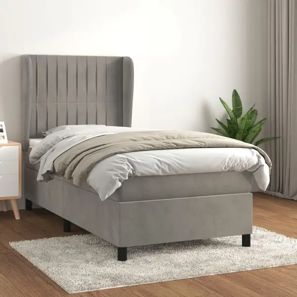Gossi pat box spring cu saltea, gri deschis, 90x200 cm, catifea