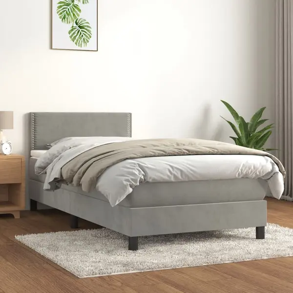 Gossi pat box spring cu saltea, gri deschis, 90x200 cm, catifea