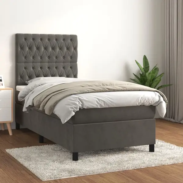 Gossi pat box spring cu saltea, gri inchis, 100x200 cm, catifea