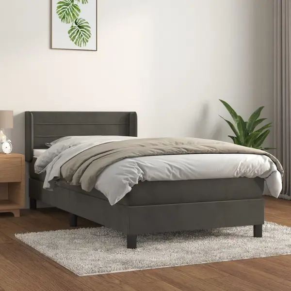 Gossi pat box spring cu saltea, gri inchis, 100x200 cm, catifea