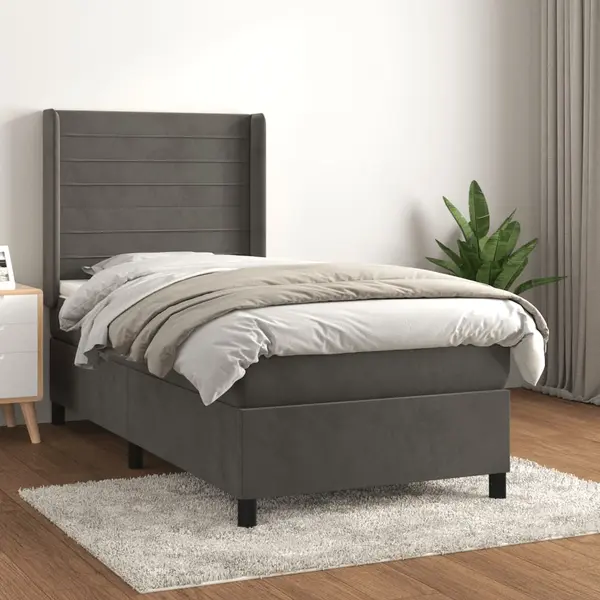 Gossi pat box spring cu saltea, gri inchis, 100x200 cm, catifea