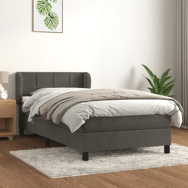 Gossi pat box spring cu saltea, gri inchis, 100x200 cm, catifea
