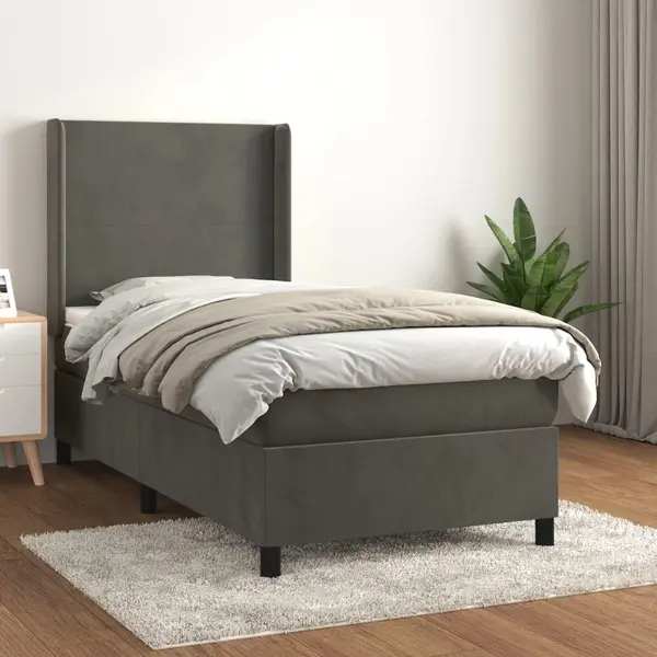 Gossi pat box spring cu saltea, gri inchis, 100x200 cm, catifea