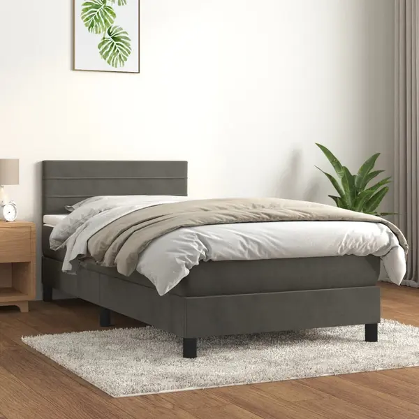Gossi pat box spring cu saltea, gri inchis, 100x200 cm, catifea