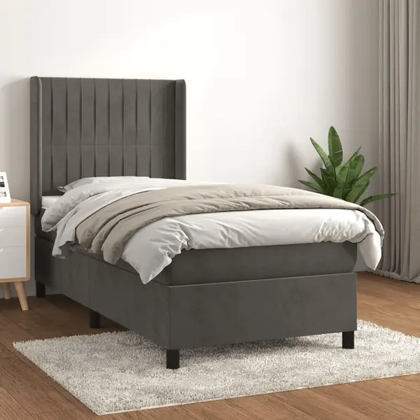 Gossi pat box spring cu saltea, gri inchis, 100x200 cm, catifea