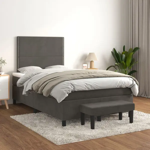 Gossi pat box spring cu saltea, gri inchis, 120x200 cm, catifea
