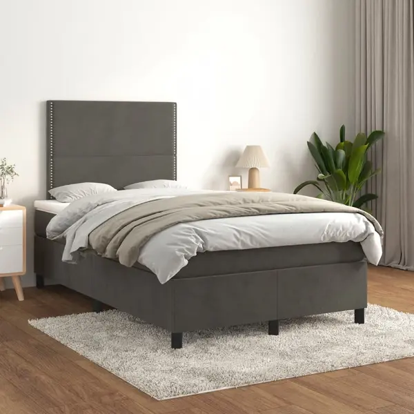 Gossi pat box spring cu saltea, gri inchis, 120x200 cm, catifea